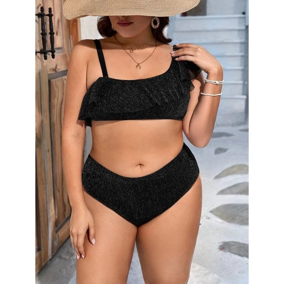 NEW Ruffle Trim Asymmetrical Neck Bikini Swimsuit 1XL - Picture 4 of 4